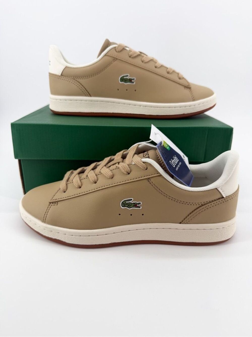 Lacoste Carnaby Set Low Top Sneakers Lace Up Tan Brown White Big Kid Size 5 NEW